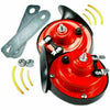 A red and black electric snail horn with a mounting plate is shown.