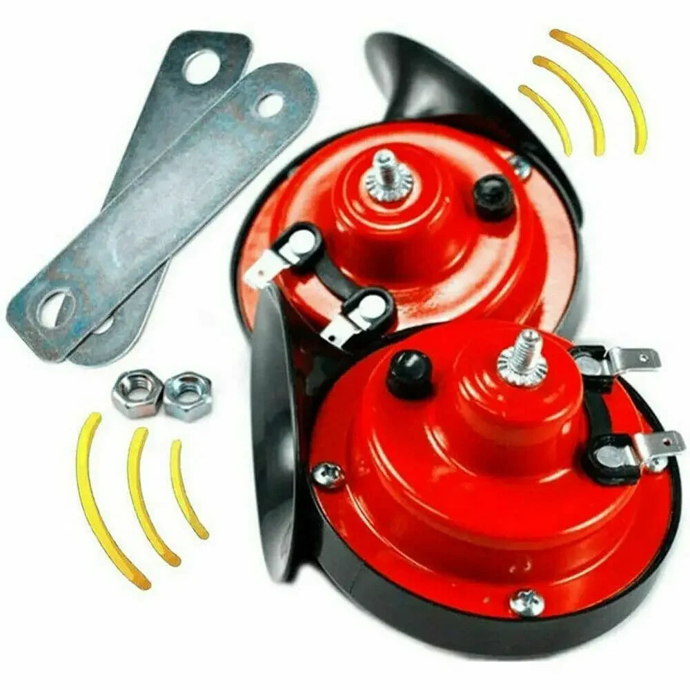 A red and black electric snail horn with a mounting plate is shown.