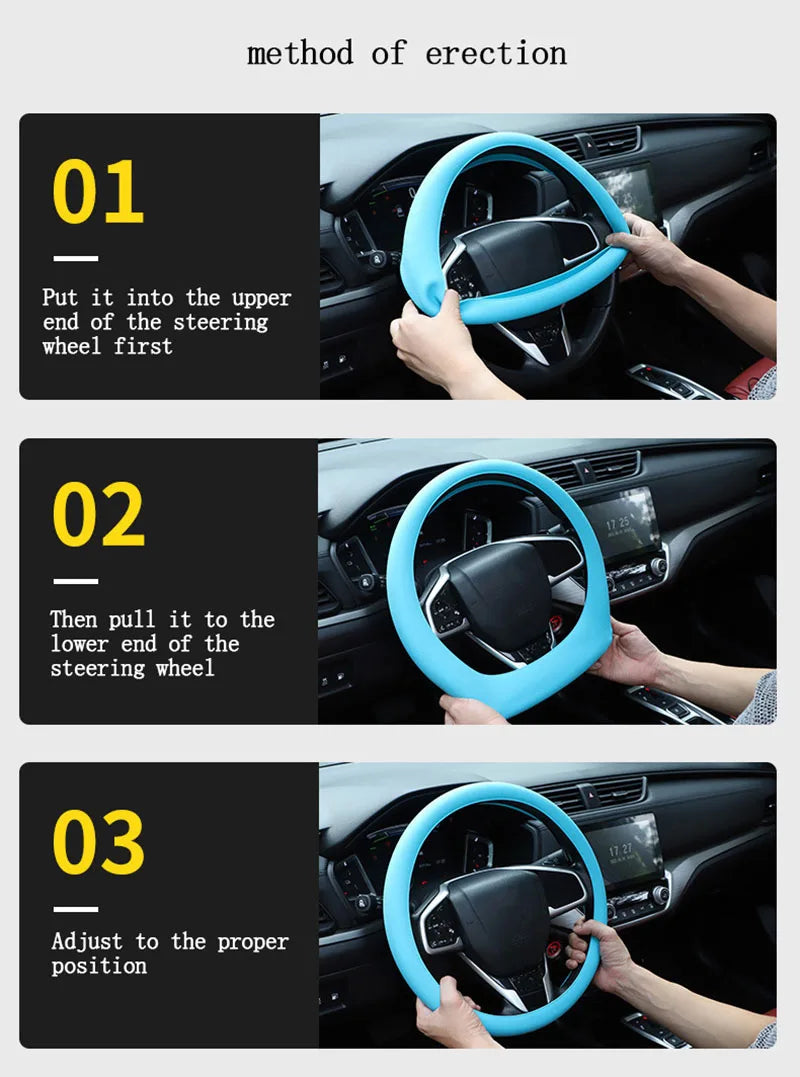 Three steps demonstrating the method of erection using a silicone steering wheel cover.