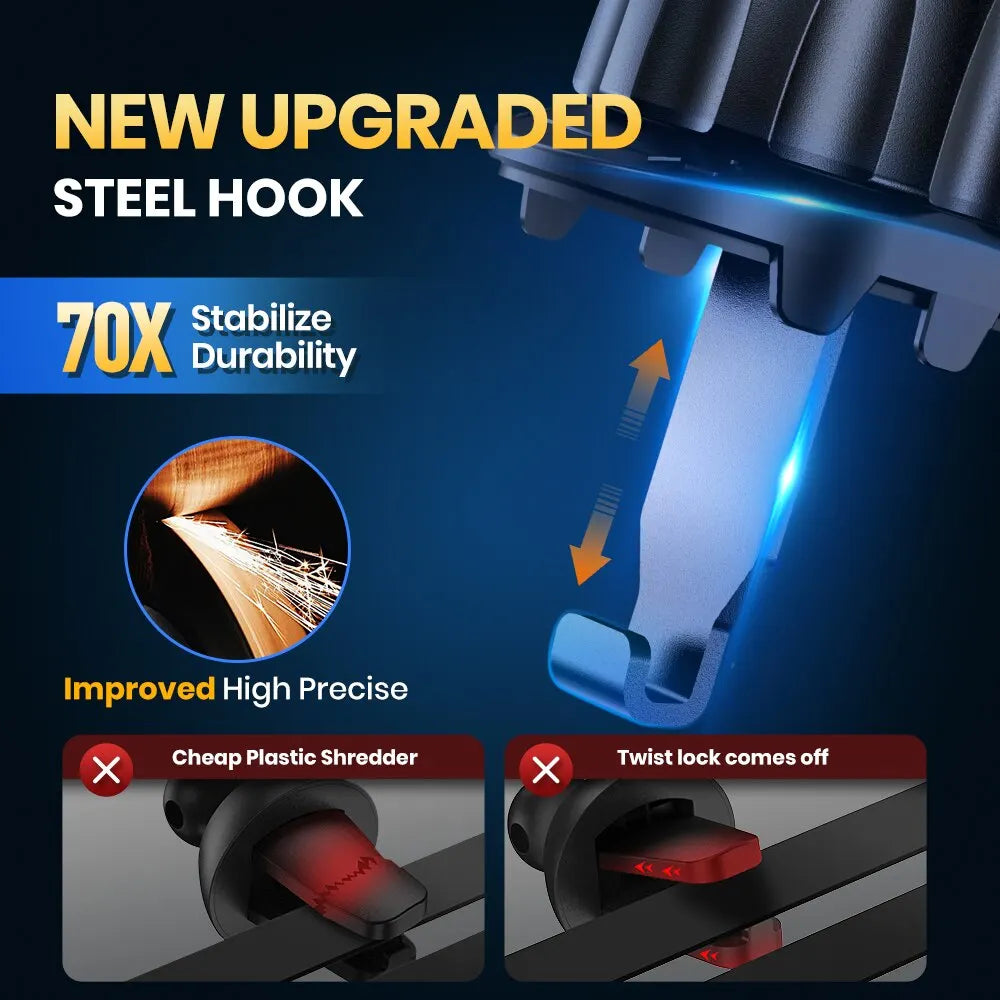 Close-up of a new upgraded steel hook for an adjustable car vent phone mount showing improved durability and high precision.