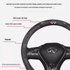 Close-up of a black performance steering wheel cover featuring carbon fiber grain leather and silk screen letters.