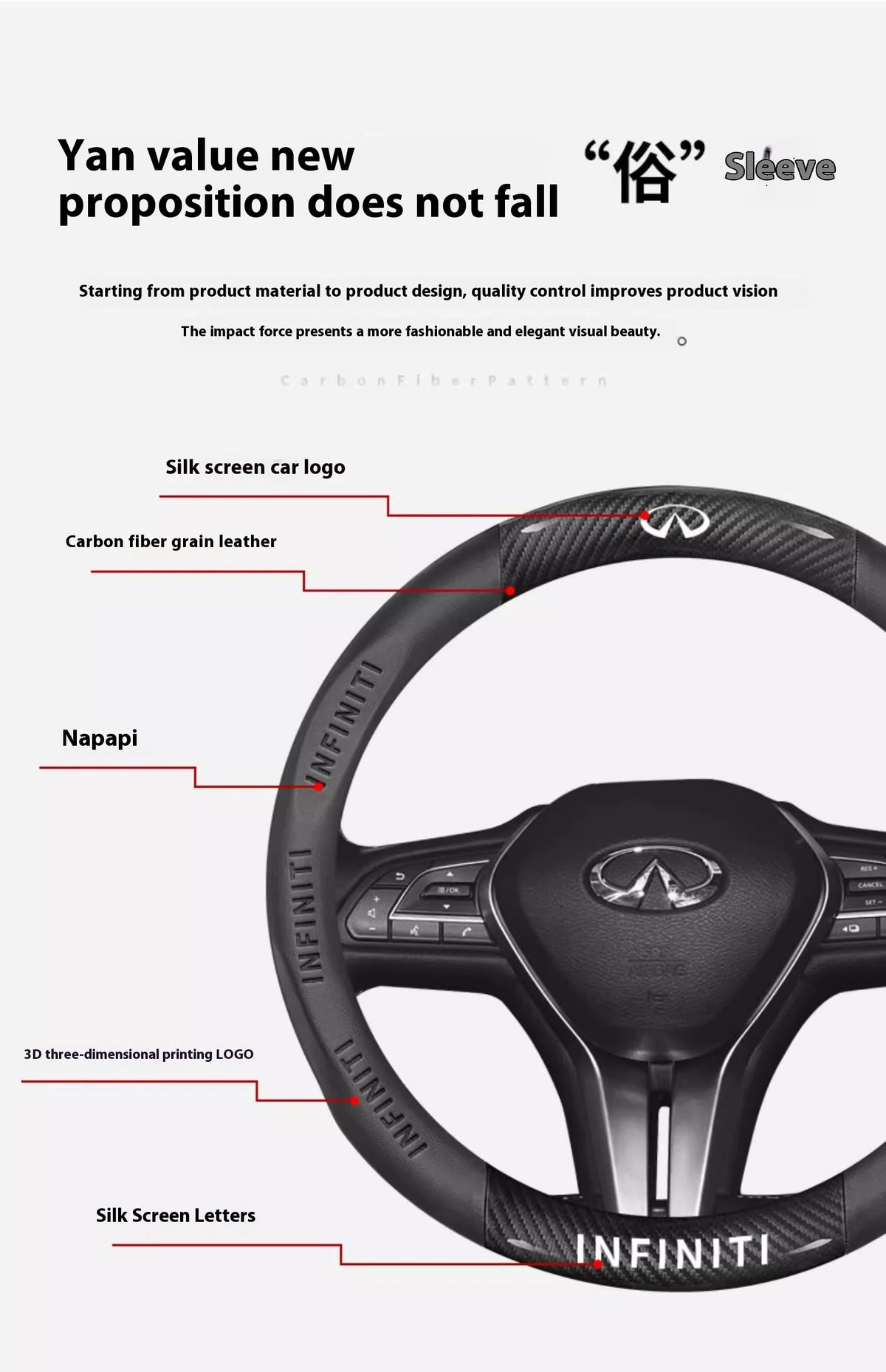Close-up of a black performance steering wheel cover featuring carbon fiber grain leather and silk screen letters.