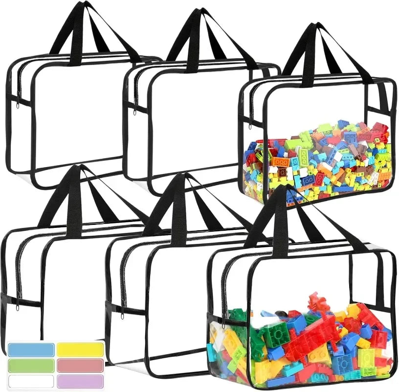 A collection of clear PVC storage pouches designed for organizing toys and cosmetics.