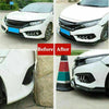 Before and after comparison of a universal front bumper lip and side skirt kit installation on a white car.