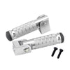 Silver foldable aluminum alloy foot pegs with threaded grips and mounting plates.
