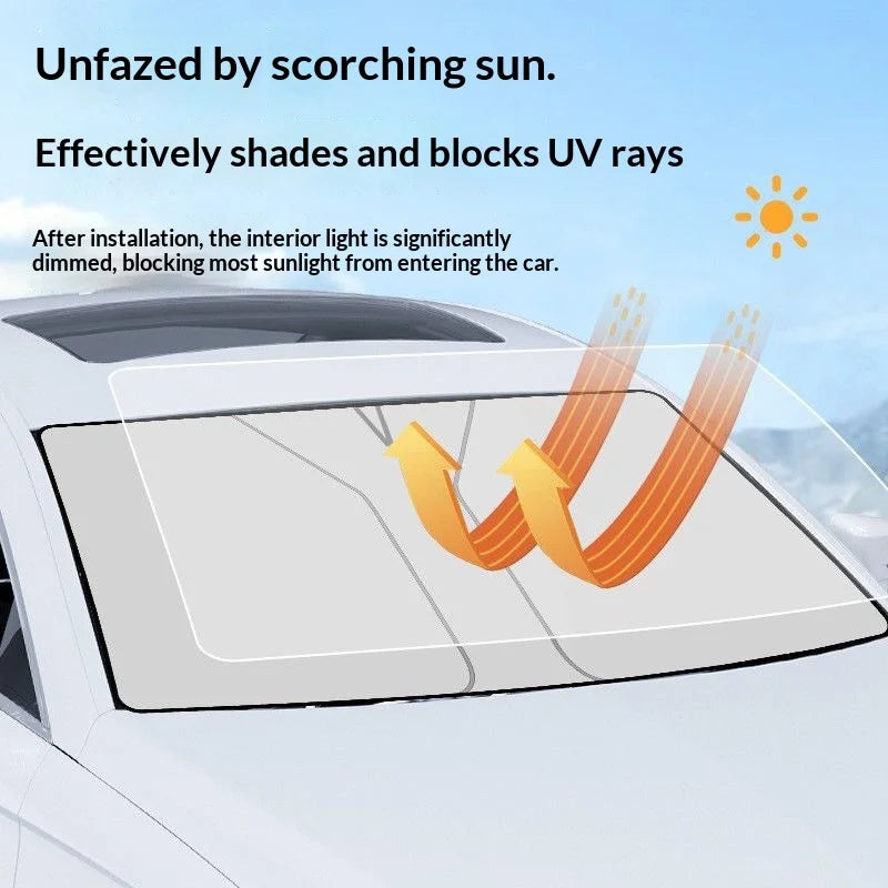 A foldable car windshield sun shade is installed on a white car, blocking UV rays and dimming interior light.
