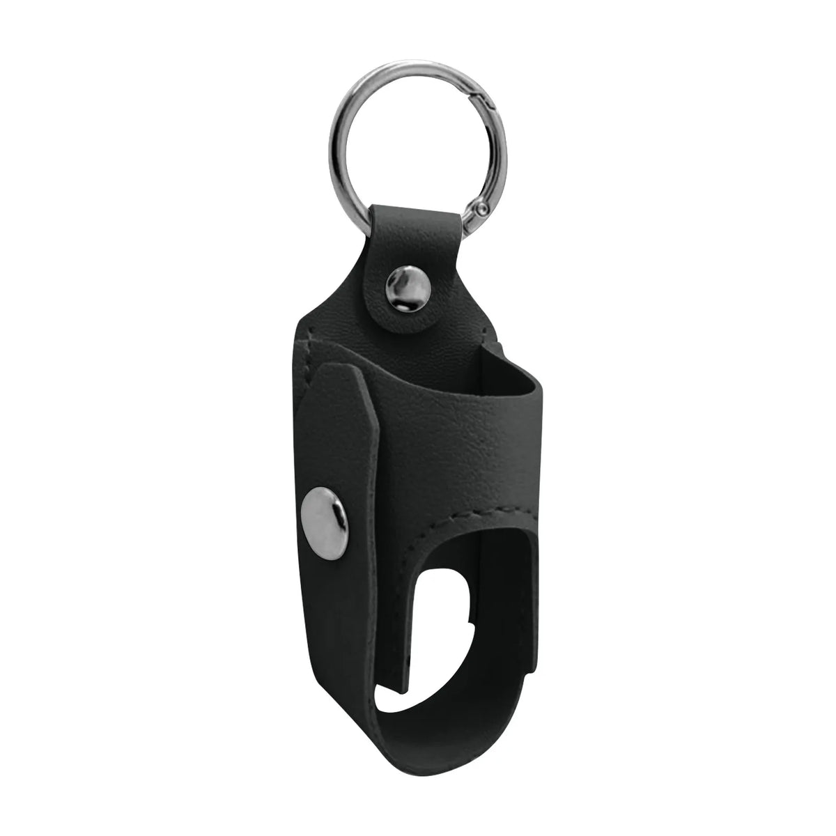 Black leather portable inhaler storage case with a metal keychain ring.