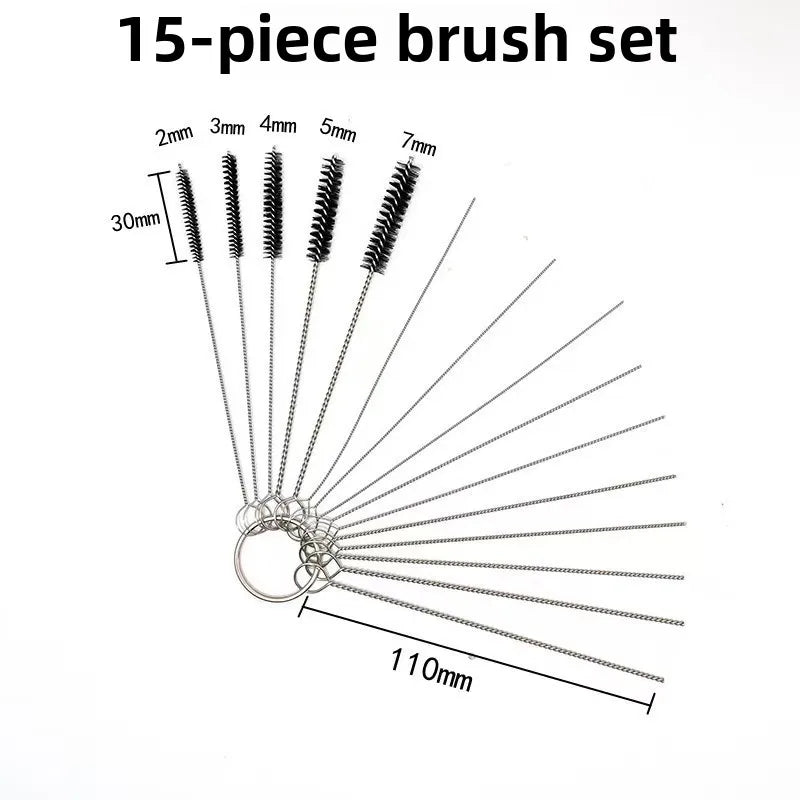 A diagram showing a 15-piece brush set with various sizes of bristles and a measuring scale.