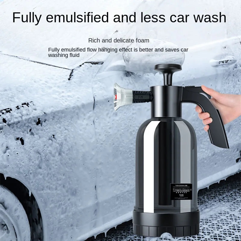 A black hand pump foam sprayer is shown being used to emulsify and clean a car surface.