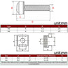 Diagrams showing dimensions for M5 and M6 cage nuts and machine screws, including length, diameter, and thickness specificati