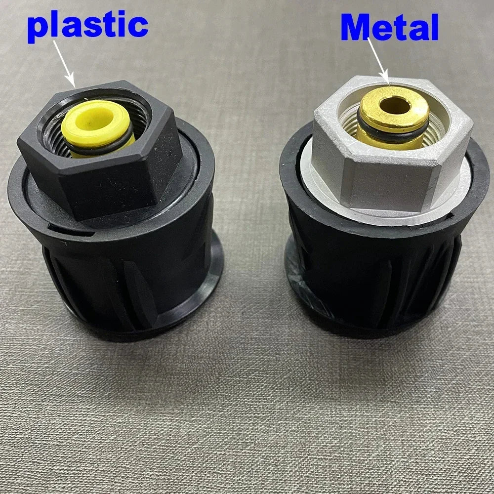 Comparison of plastic and metal components for a high-pressure washer gun nozzle set.
