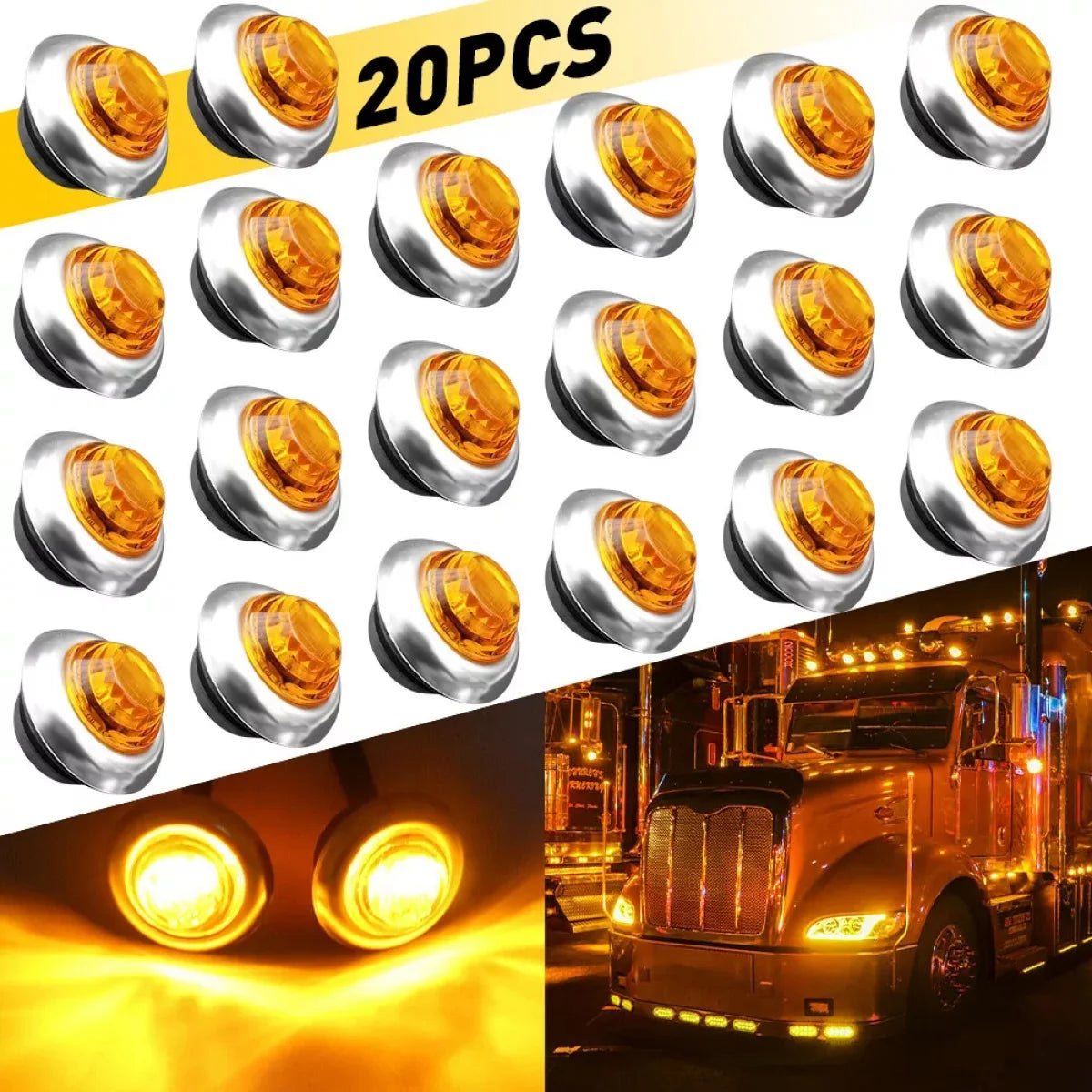 20 pieces of amber LED side marker lights for trucks and boats shown in various angles