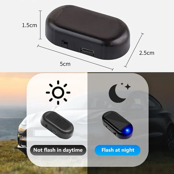 A black solar powered anti-theft car warning light device shown in various lighting conditions.