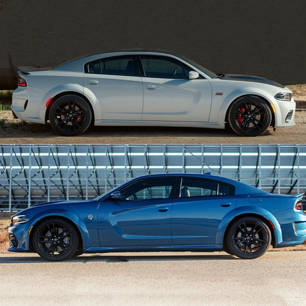 A side profile view of a silver Dodge Charger with black wheels and smoked LED side marker lights.