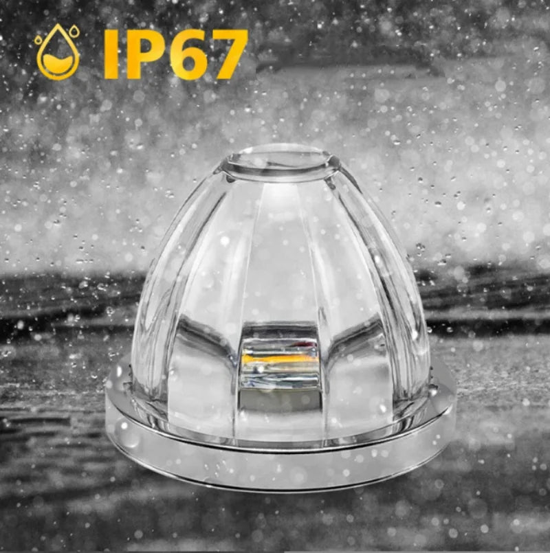 Clear IP67 rated universal DC side marker lights shown against a wet background.