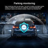A dark car is shown with a blue light effect, illustrating parking monitoring features for vehicle surveillance.
