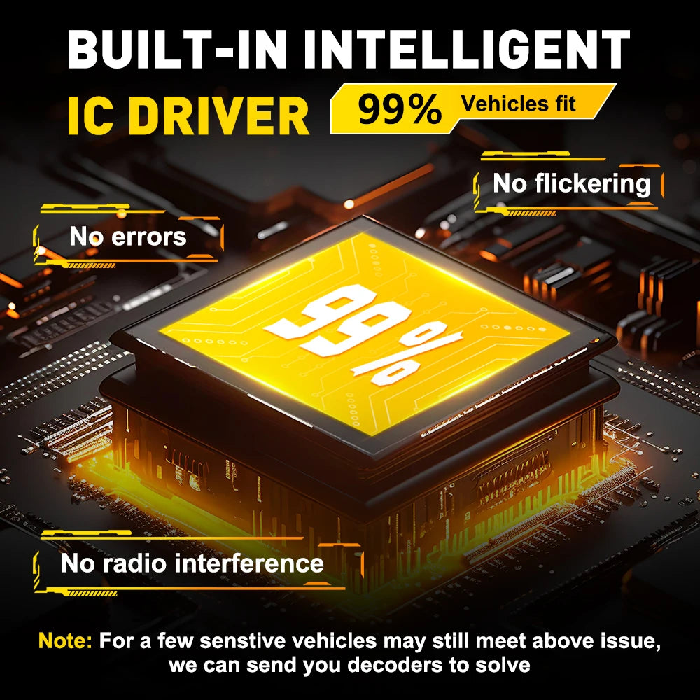 A close-up of an intelligent IC driver component with a 99% fit rating displayed on a yellow screen against a dark electronic