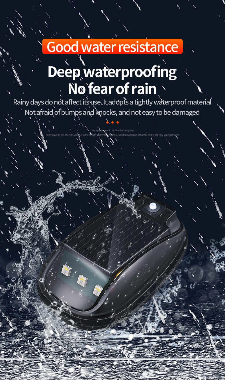 A black solar roof strobe warning light is shown being washed by water droplets.