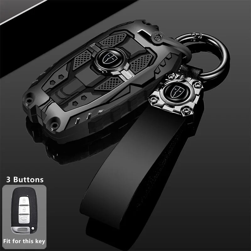 A black universal car key fob cover for Hyundai and Kia models shown with a separate key ring.
