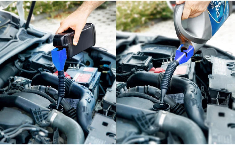 A hand is using a blue funnel to pour fuel into an engine compartment.