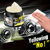 A jar of Restore Headlight cleaning product next to a white cloth being used on a car headlight lens.