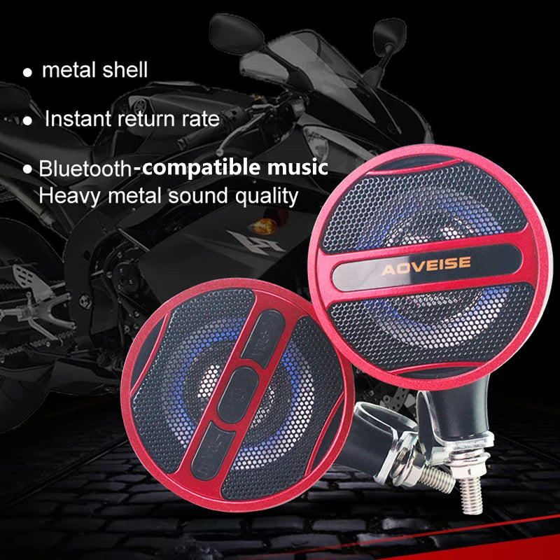 A red motorcycle Bluetooth speaker system featuring a metal shell and multiple audio features.