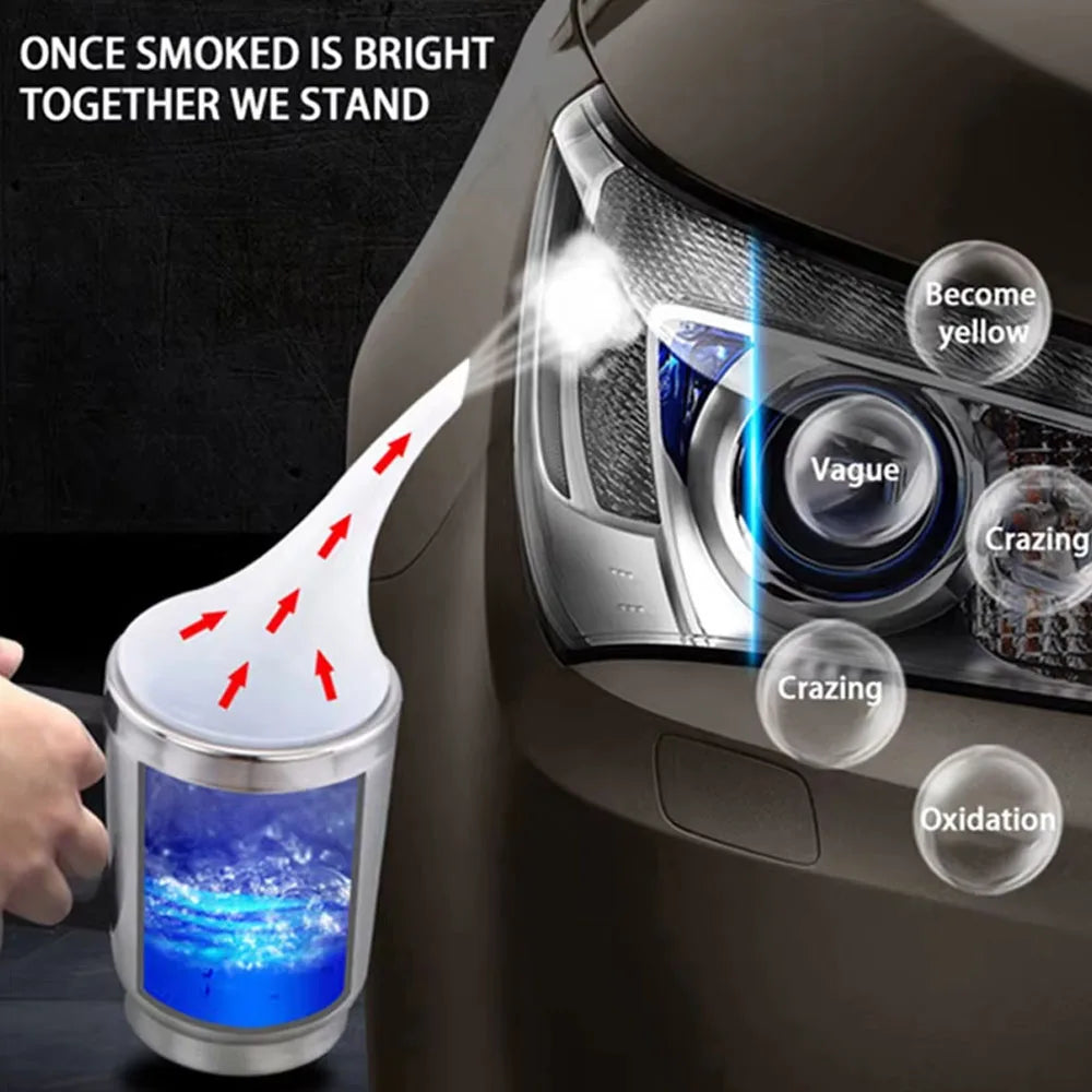 A professional car headlight restoration kit is shown demonstrating the process of restoring foggy headlights to bright clari