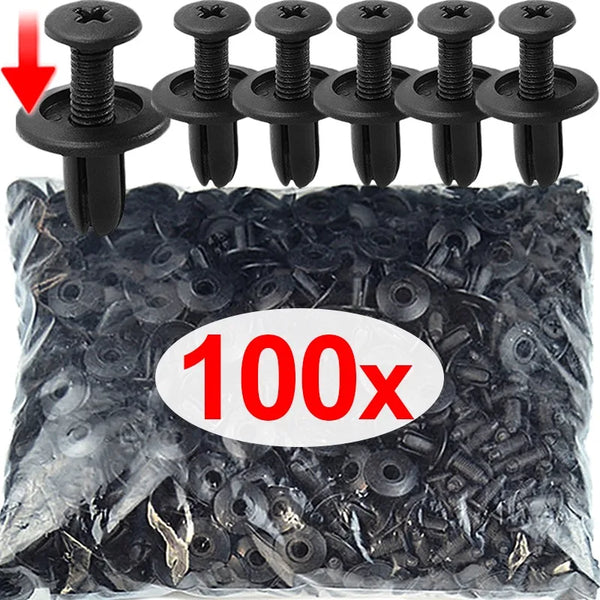 A pile of black plastic rivets and push pins for car bumpers, with a red arrow pointing to a fastener.