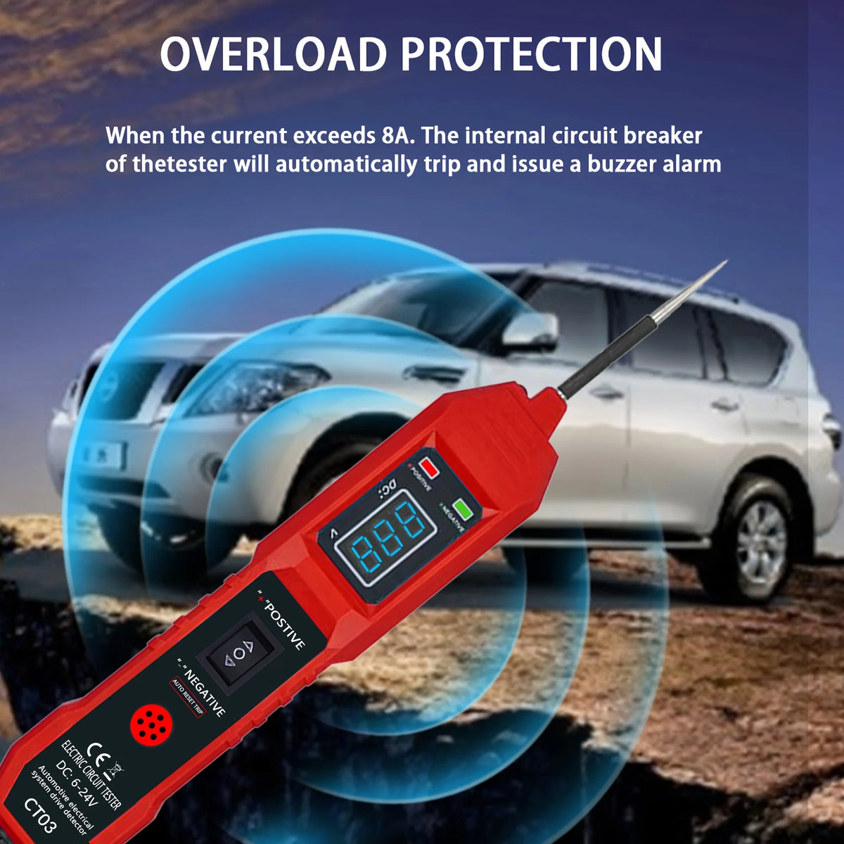 Oranger digitaler Auto-Circuit-Tester vor unscharfem silbernem SUV, der Überlastschutz demonstriert