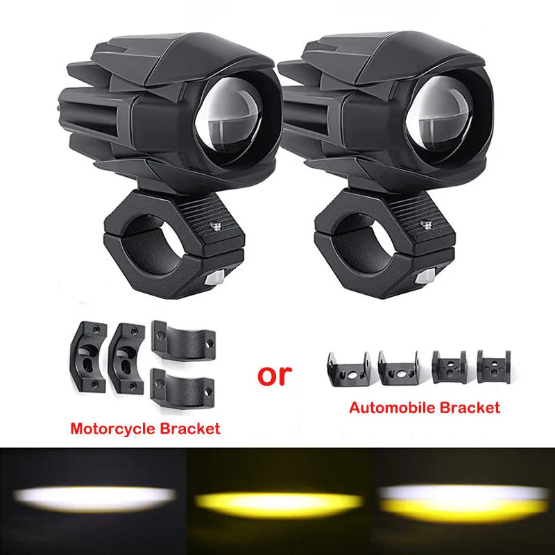 A pair of black high-intensity LED auxiliary spotlights designed as motorcycle or automobile brackets.