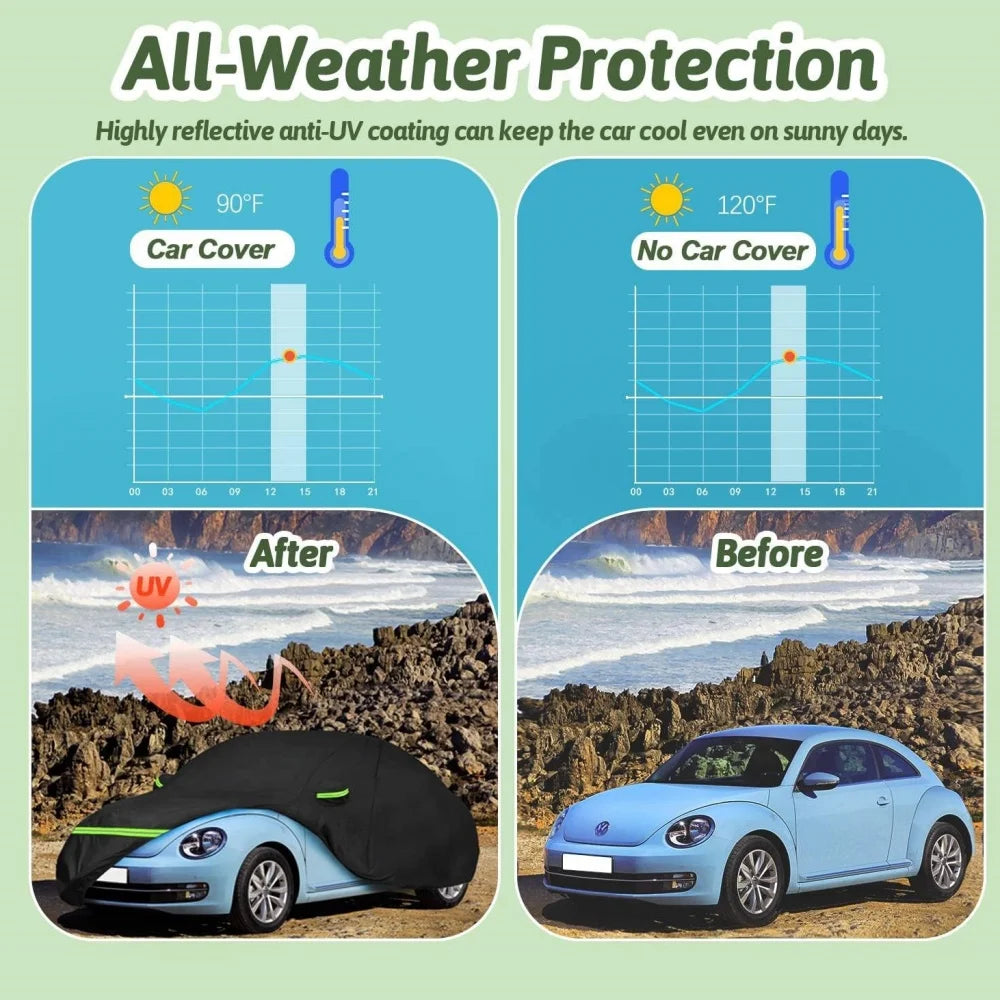 A black all-weather car cover is shown protecting a blue VW New Beetle from the sun.