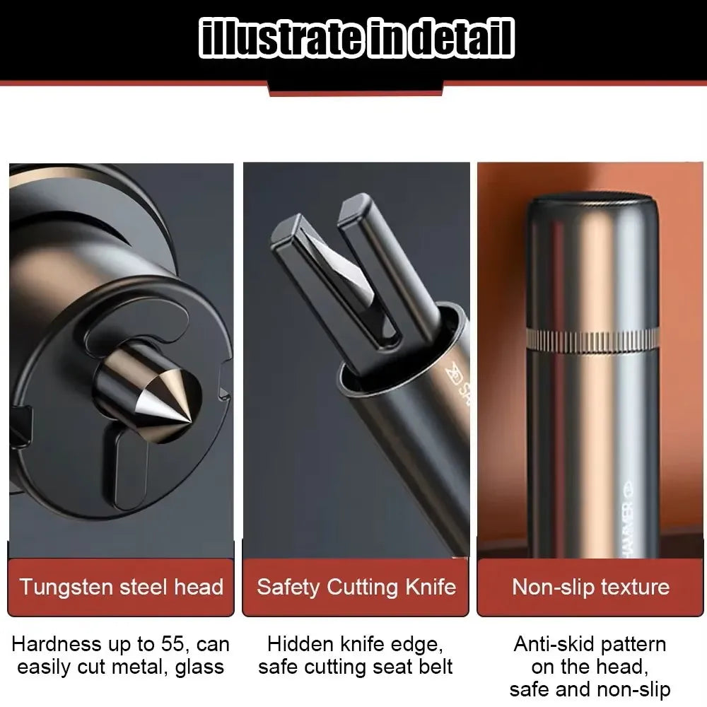 A set of tools including a tungsten steel head, safety cutting knife, and a non-slip texture for glass window breaking.