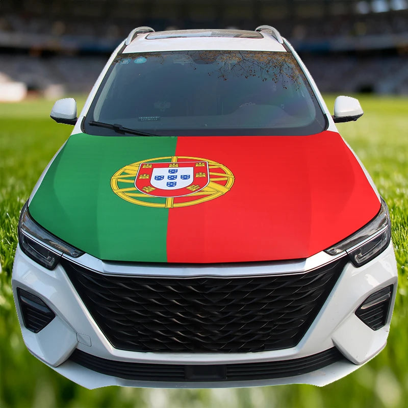 A white car with a flag featuring the Portuguese national colors (green and red) on the hood.