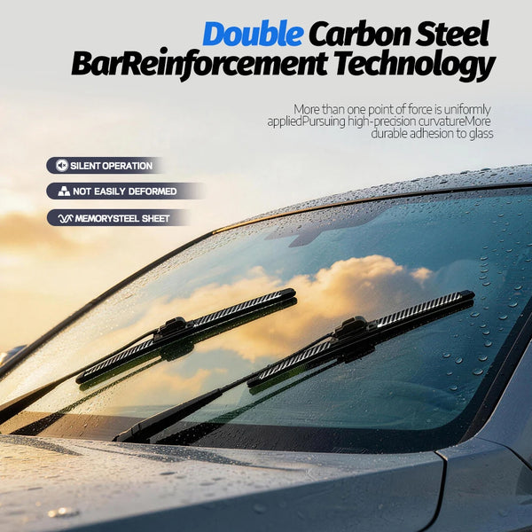 Primer plano del parabrisas de un coche con refuerzo de barra de acero de carbono doble y escobillas limpiaparabrisas.