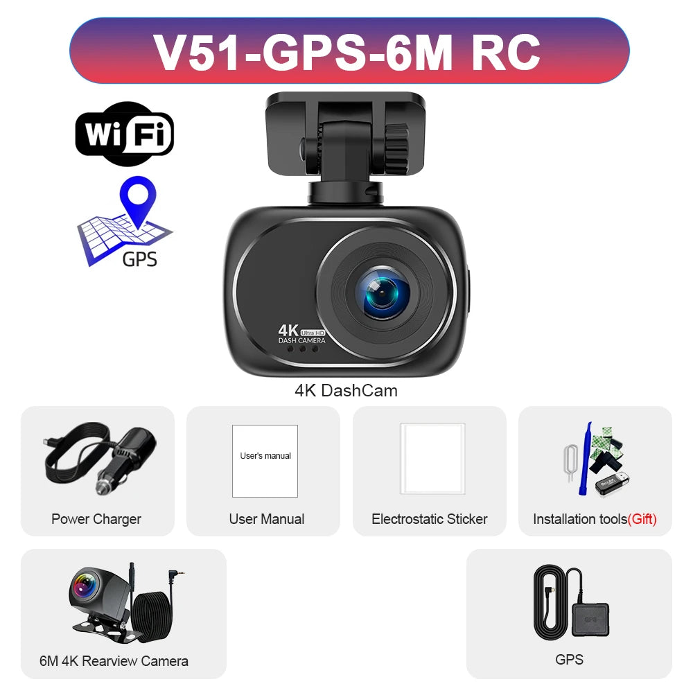 A black 4K DashCam featuring dual lenses, GPS, and WiFi connectivity options.