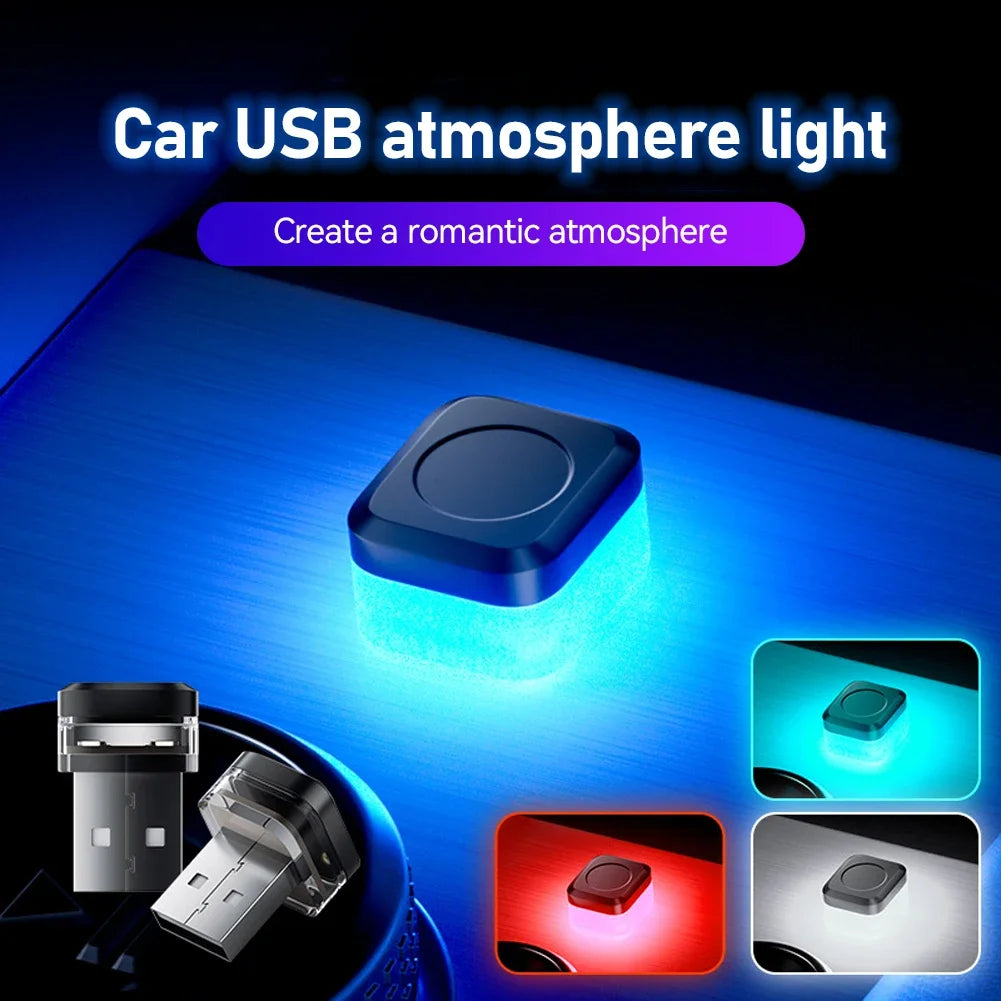 A car USB atmosphere light is shown with its connector and various lighting effects on a blue surface.