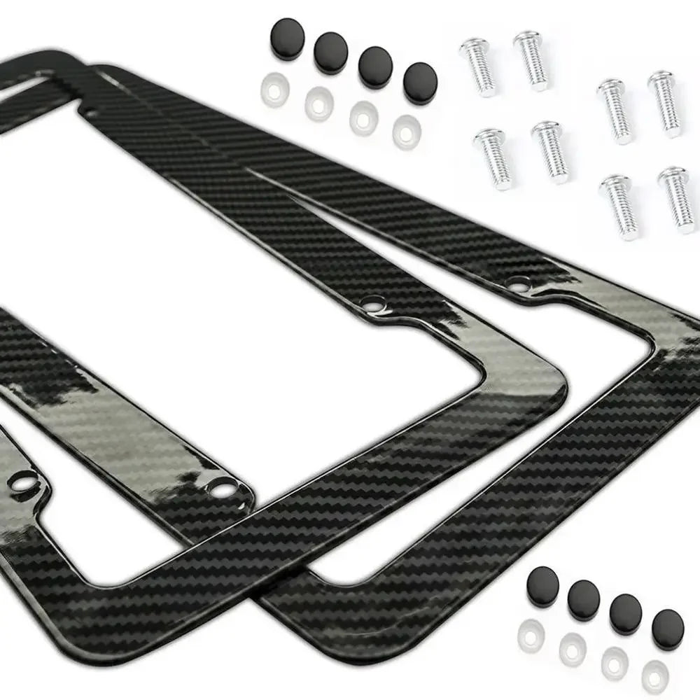 Black carbon pattern universal license plate frame with mounting screws and plastic spacers