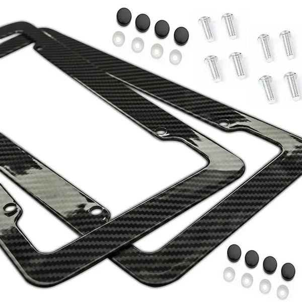 Black carbon pattern universal license plate frame with mounting screws and plastic spacers