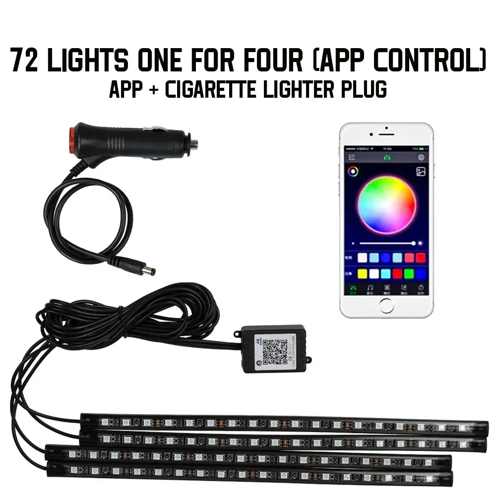 A set of 72 lights one for four app controlled cigarette lighter plug and LED strips
