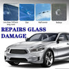 A silver car with glass damage repairs shown next to examples of cracks and chips.