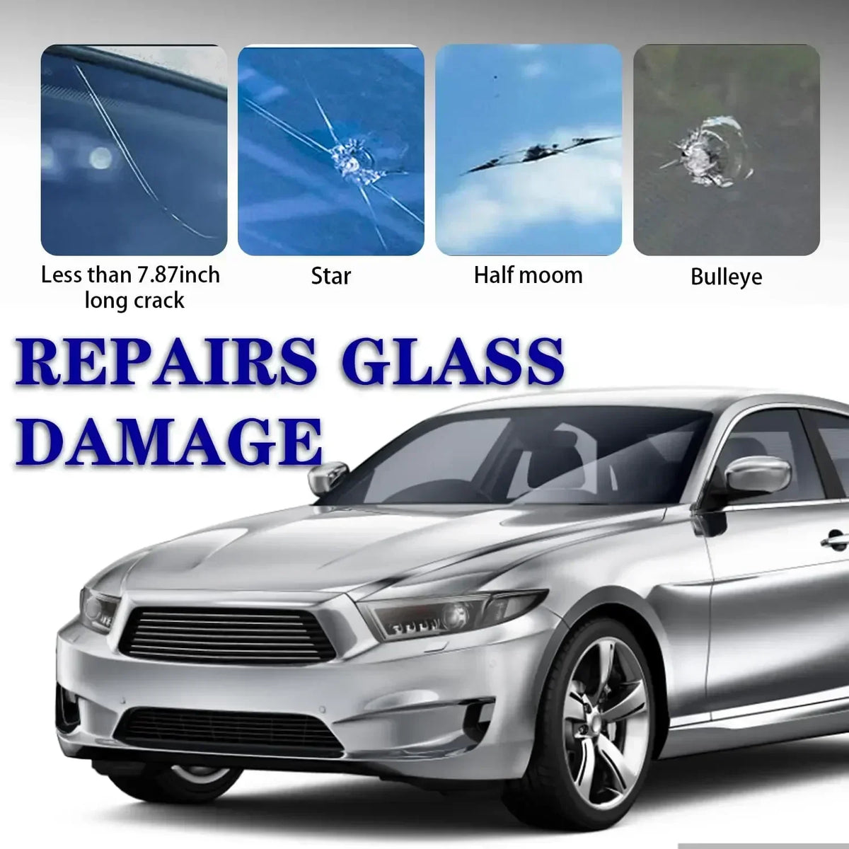 A silver car with glass damage repairs shown next to examples of cracks and chips.
