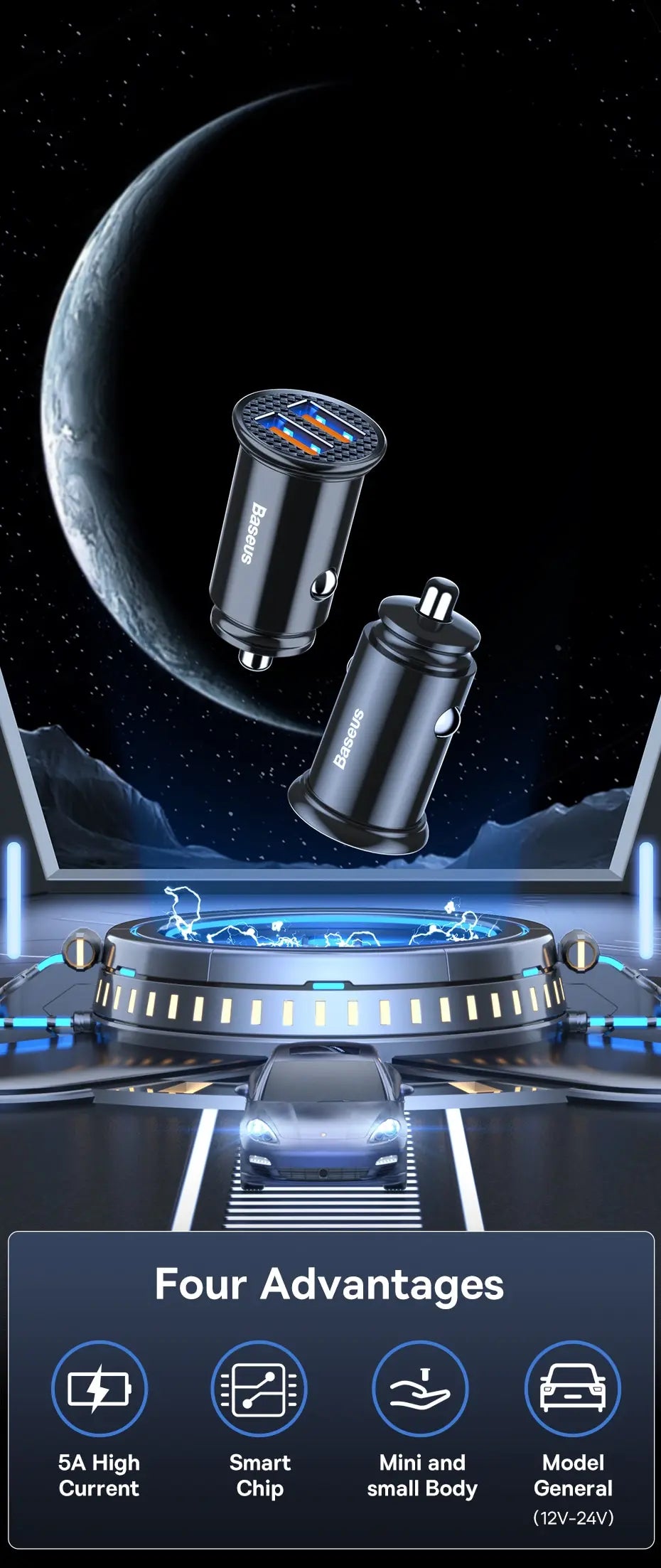 A 30W dual port car charger is shown with a laptop and a phone, set against a backdrop of a moon and a futuristic car chargin