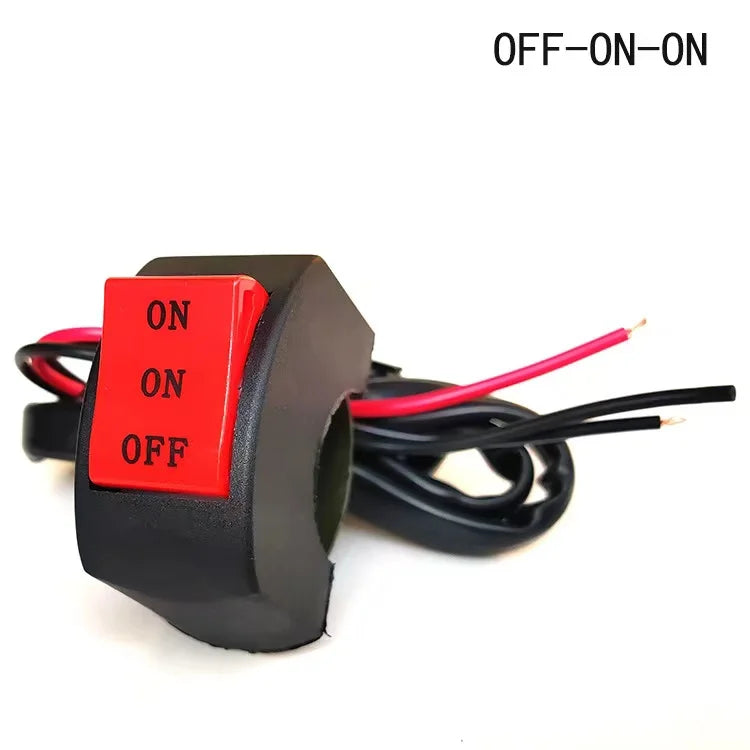 A black electronic switch labeled ON and OFF is shown with red indicators, used for high-intensity LED auxiliary spotlights.