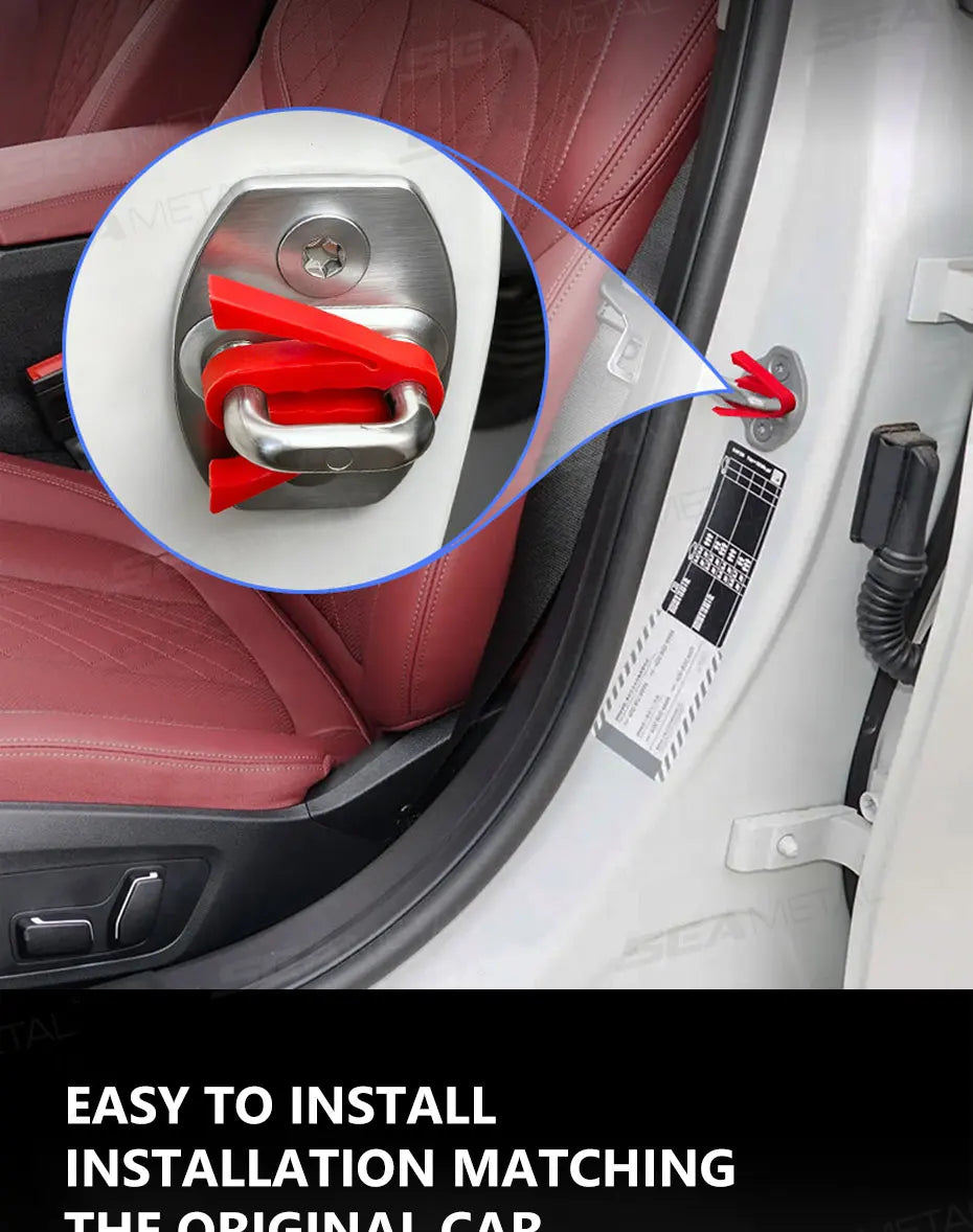 Close-up of a red door lock protection pad being installed on a car door, showing the matching mechanism.