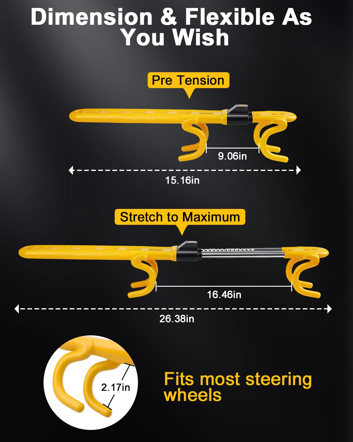 Yellow flexible steering wheel lock demonstrating pre-tension and maximum stretch capabilities.
