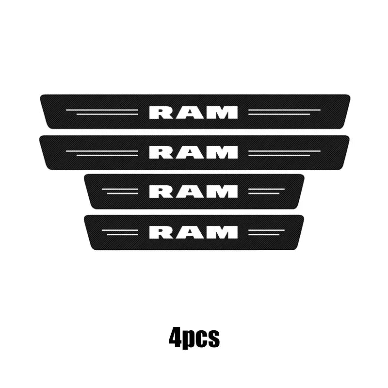 Four black carbon fiber door sill protection strips labeled RAM