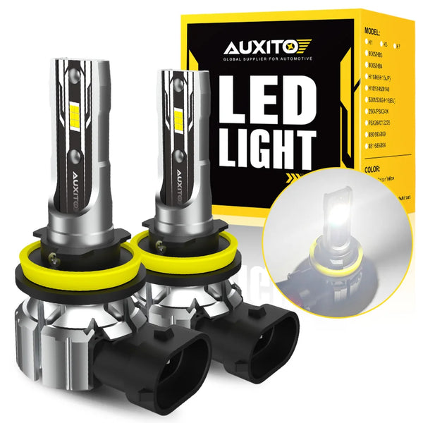 A set of LED light bulbs for automotive fog and driving lights, featuring a yellow light and silver housing.