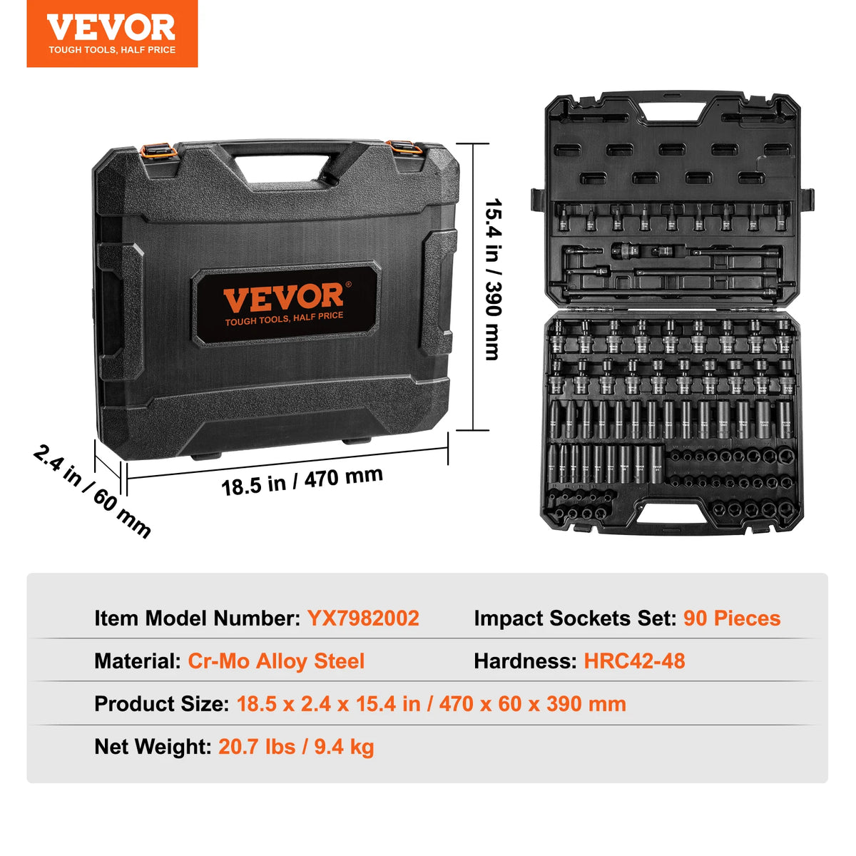 A black VEVOR impact socket set with 90 pieces, showing the case and individual sockets.