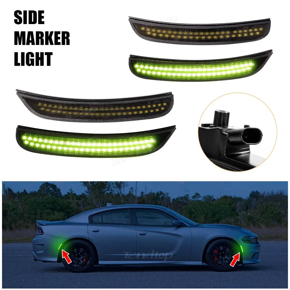 Set of four LED side marker lights for a Dodge Charger featuring a dynamic switchback design.