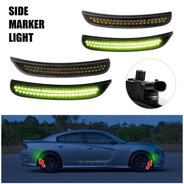 Set of four LED side marker lights for a Dodge Charger featuring a dynamic switchback design.